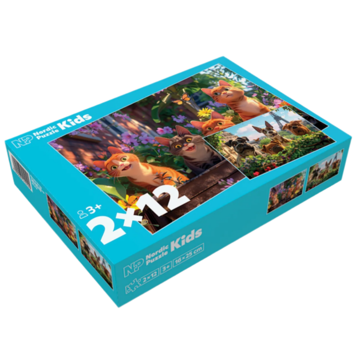 Puslespill for barn med katt og hund, 2 x 12 brikker