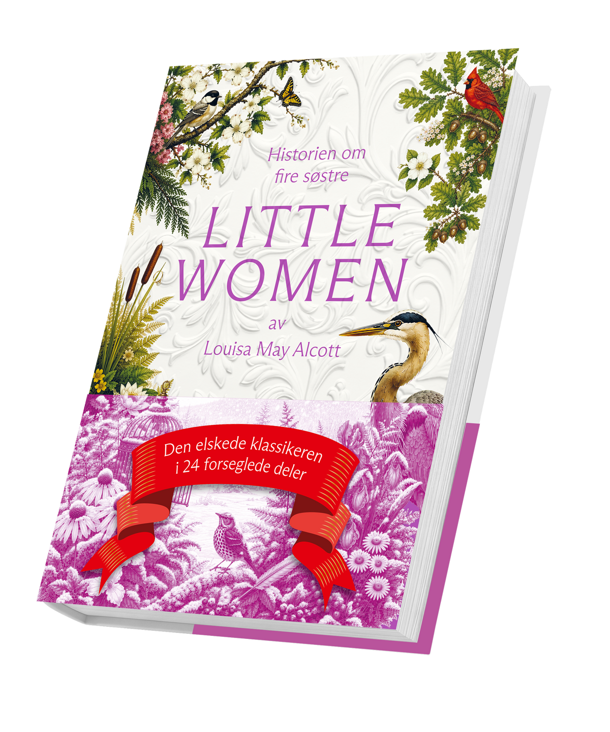 Little Women, innbundet norsk utgave med illustrert smussomslag og mageband