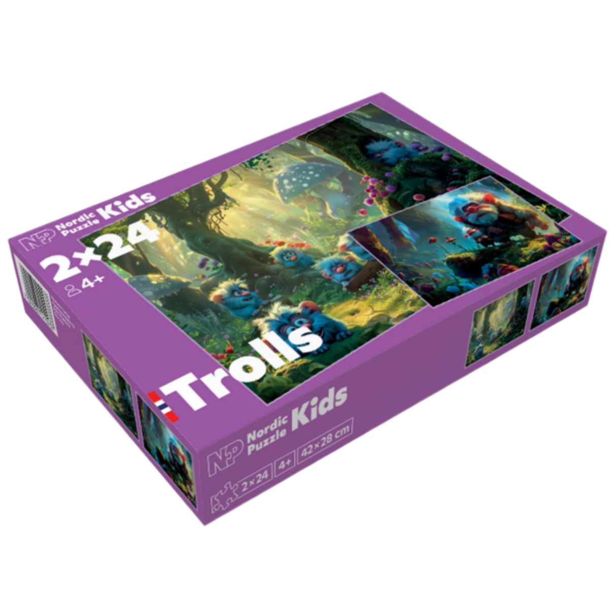 Puslespill for barn med trollmotiv, 2 x 24 brikker