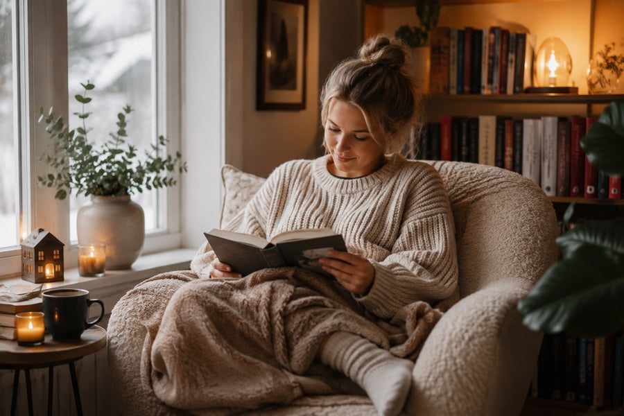 Kvinne som leser en bok i en lenestol ved vinduet