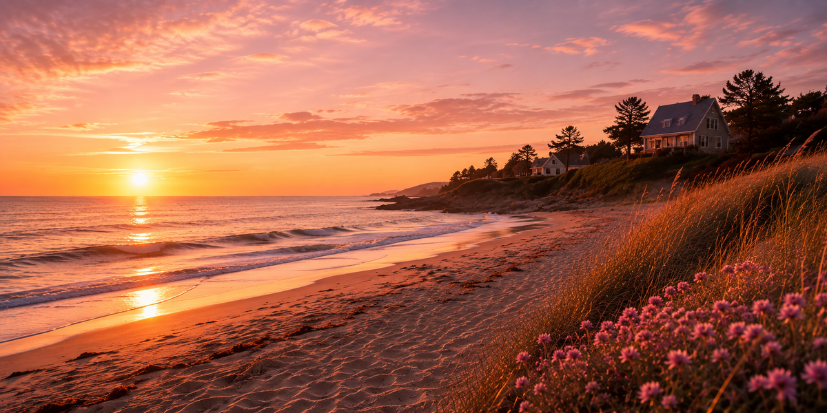 Solnedgang over en strand, med lyngrosa blomster i strandgresset og et hvitt hus mellom furuer på skrenten