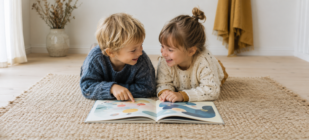 To søsken leser bildebok sammen på gulvet