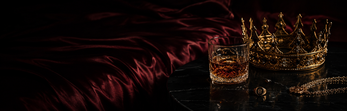 Gullkrone, whiskyglass, signetring og gullkjede på sort marmor mot dyp burgunder silke