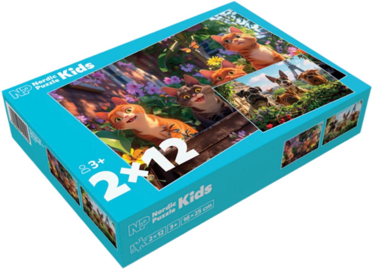 kort:puslespill-2x12-brikker-katt-og-hund
