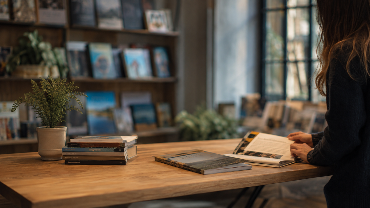A bookshop interior with Norwegian titles on the shelves