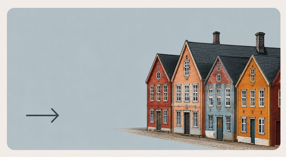 Illustration of colourful wooden houses in a Norwegian city