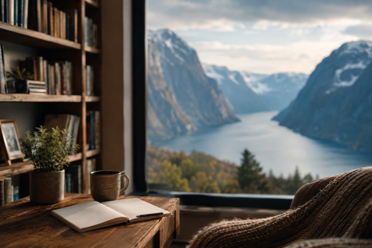 A book and a cup of coffee by a window looking out over a Norwegian fjord