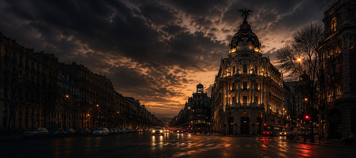 Gran Vía i Madrid i skumringen, med Metropolis-bygningen opplyst