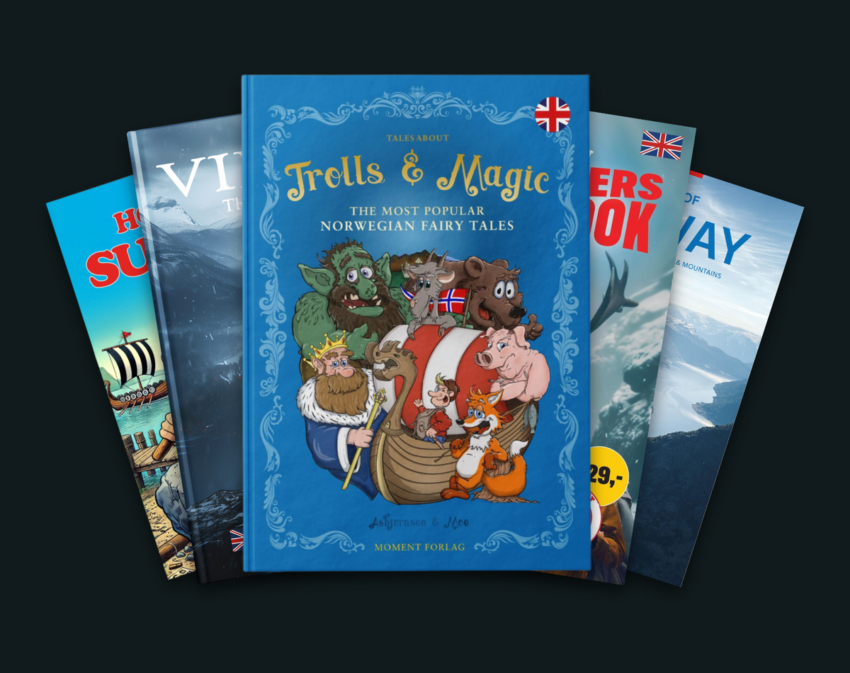 Books from Moment Forlag in English — Trolls & Magic, Vikings, The Book of Norway, Travellers Handbook, Holiday Sudoku